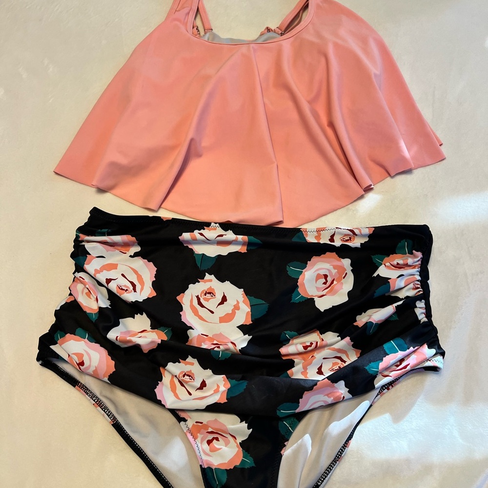 Pink and Floral Two-Piece Swimsuit